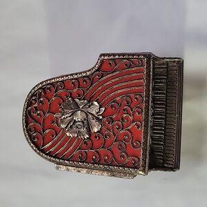 Piano Music Box Ring Holder Silver Metal Ornate Red Velvet Laurel. Japan.